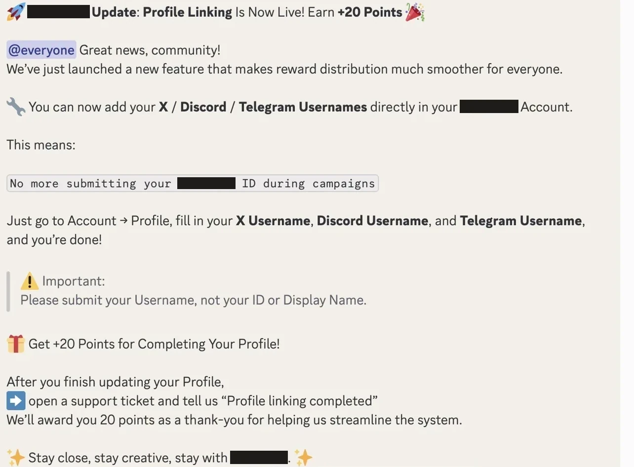 产品更新公告：Profile Linking 功能上线，用户可在账号内绑定 X、Discord、Telegram 用户名